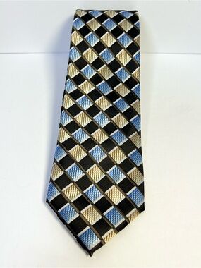 Ivy Crew Men’s Geometric Pattern Necktie Blue Brown Gold Polyester